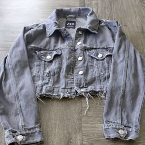 Zara Women's Cropped Distressed Denim Jacket - Gray